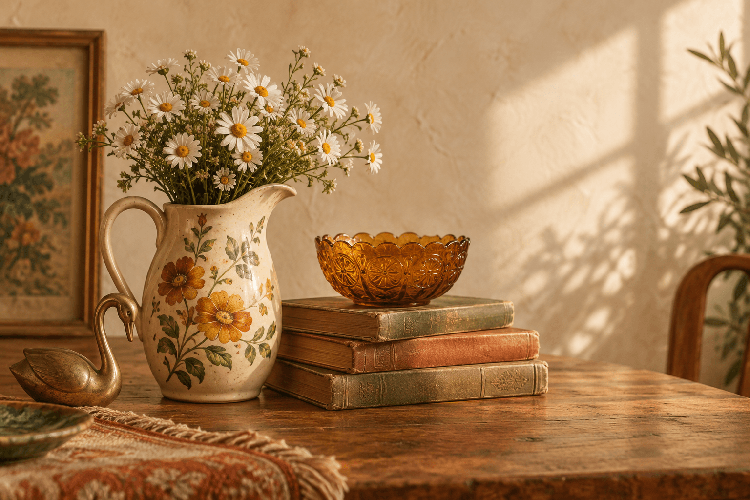 Decorative vintage still life with flowers, amber glass, books, and brass